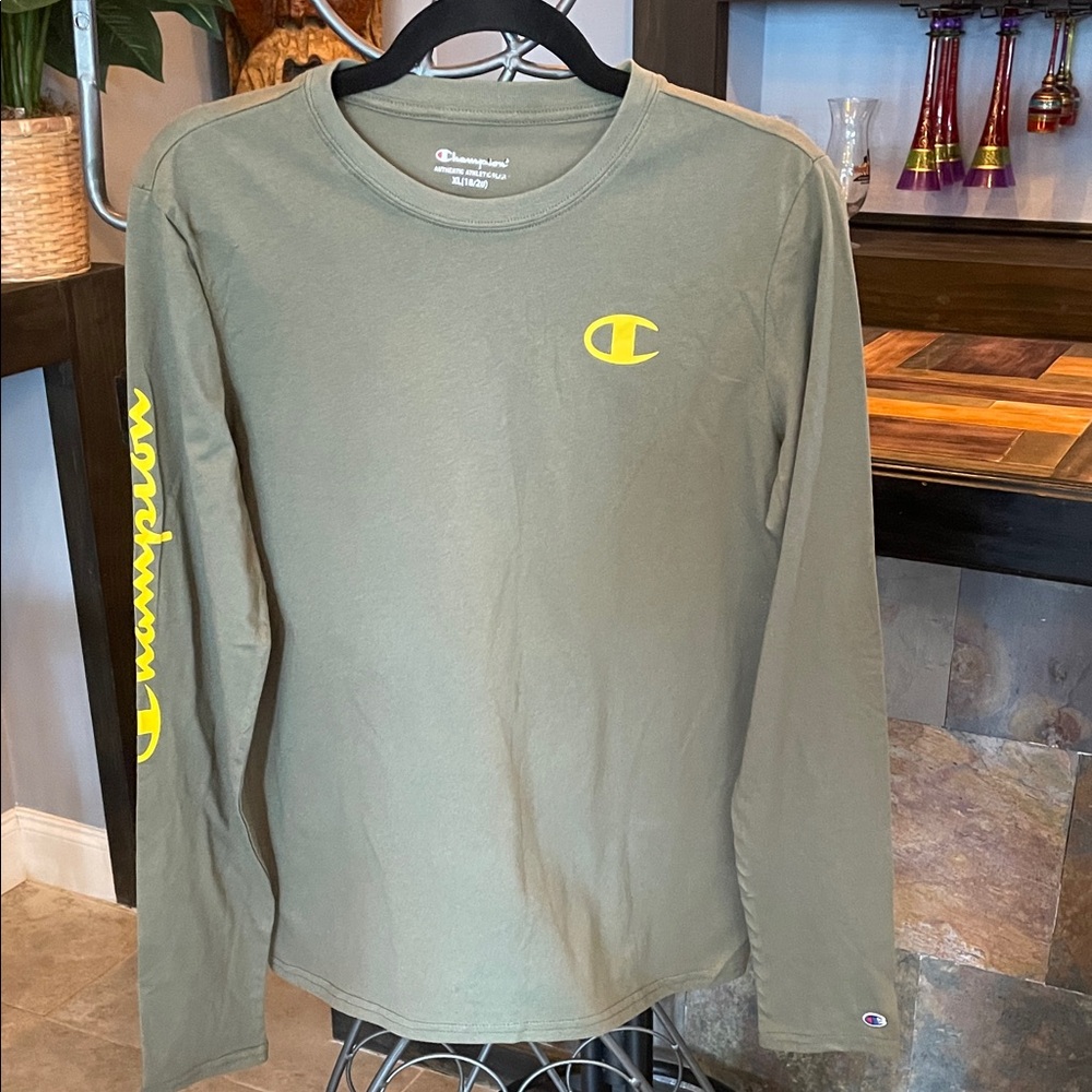 Champion Youth XL Green Long Sleeve Tee with Yellow Logo. Not faded
